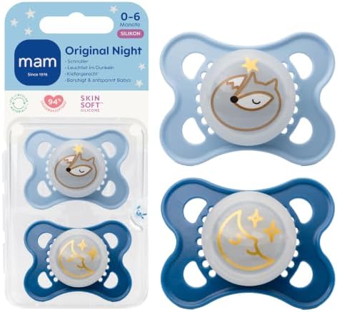 MAM Original Night Schnuller, 0-6 Monate, Fuchs/Mond, 2 Stück | Leuchtet im Dunkeln, Für Neugeborene, Stillfreundlich, Zahnfreundliches Design, SkinSoft Silikon, Inkl. Sterilisierb