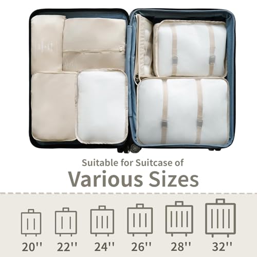 Image of 7pcs pouche Set Travel Organizer Packing Cubes Lightweight Travel Luggage Organizers with Laundry Bag or Toiletry Bag Laundry Organiser (7 PCS) (BEIGE)