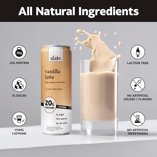 Slate Milk - High Protein Iced Coffee - Vanilla Latte - 175mg Caffeine, Lactose Free Energy - 20g Protein, 1g Sugar, 100 Calories, 1g Net Carbs, No Sugar Added - Protein Coffee - 11 fl oz, 48 Cans