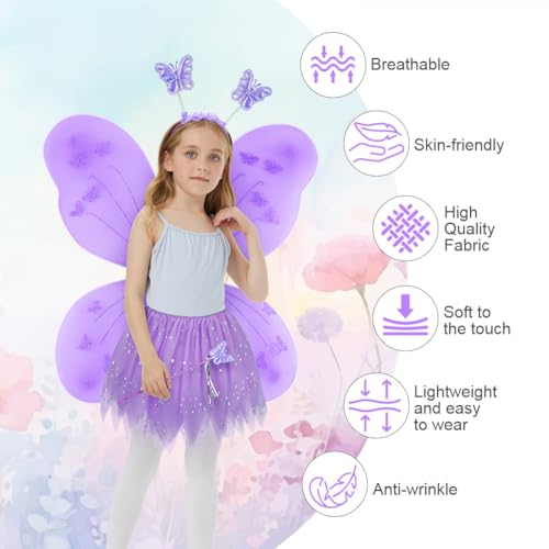 AYBUY Fairy Wings Kids Costume, Butterfly Wings with Glitter Tutu, Magic Wand and Headband, Purple Fairy Princess Skirt Set - Image 4