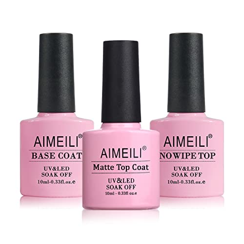 AIMEILI Soak Off U V LED Gel Nail Polish - Base Coat, Matte Top and No Wipe Top Coat Kit Set 10ML