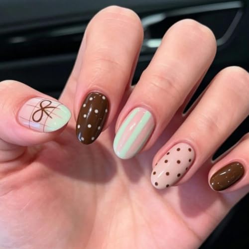 Image of Polka Dot Press on Nails Brown Fake Nails Bow False Nails Short Almond Nail | with Stripe Design Reusable Nude Glossy Full Cover French Tip Stick on Nails Fall Nails Press ons for Women Manicure 24Pcs