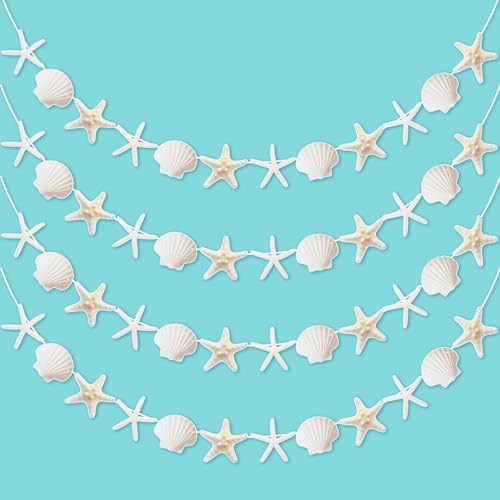 Newwiee 4 Pack 40ft Starfish Seashell Garland Ocean Coastal Nautical Party Decoration White Finger Starfish Sea Shell Cutouts Hanging Bunting Banner Under The Sea Mermaid Wish Birthday Beach Decor