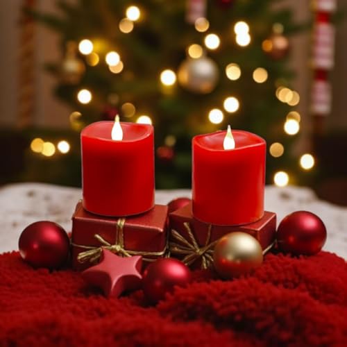 Image of Red Flameless LED Candles 3 inch Diameter Real Wax 2AA Battery Operated 600hr+ Flickering Candles with Timer Remote Control for Halloween Thanksgiving Christmas Wedding Indoor (Red, 3″x3″- 2 PCS)