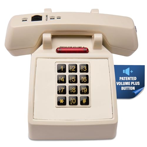 Med-Pat D2600C Retro Corded Traditional Style Deskset Phone with Ring/In-Use Light Indicator - Patented Volume Plus Button, No Wear/Never Rub Off Keypad, Hearing Aid Compatible, For Landline Use-Beige