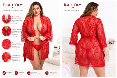 Image of Women's Net and Lace Solid Above Knee Babydoll Dress | Short Nighty Nightwear | Robe with Panty | Sexy Plus Size, Free Size S to XXL RED