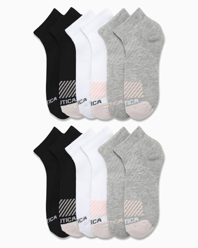 Image of Nautica Womens Quarter Socks Moisture Wicking Cushioned Socks, 12 Pack | Stretch Performance Dri-Motion Fabric, Cushioned with Arch Support, Breathable Mesh Panels, Quarter Cut, Shoe Size 4-10