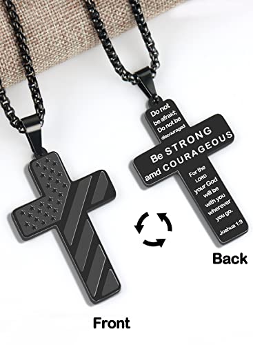 Regis American Flag Cross Pendant For Men Boys Ages 8-12 Stainless Steel Cross Necklace 24 Inches Bible Verse Joshua 1:9 Country Necklaces Religious Christian Catholic Gift #TOP1