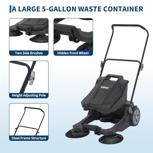 Image of Walk-Behind Hand Push Floor Sweeper, 25.6 Inch Wide Manual Non-Electric Sweeper with 5 Gallon Waste Bin, Adjustable Folding Handle Heavy Duty Yard Sweeper for Garage Patio Walkway Driveway Leaf Debris