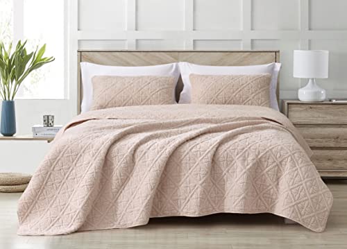 Chezmoi Collection Bethany 3-Piece King Sherpa Quilt Set - Floral Quilted Sherpa Blanket Reversible Washed Microfiber Lightweight Bedspread - King Size, Blush #TOP23