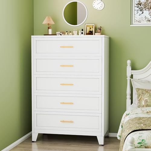 winiowa White 5 Drawers Dresser for Bedroom, Metal Dresser & Chest of Drawers, 53.5" H Tall Storage Cabinet Drawers Organizer with Large Storage Space, Steel Chest of Drawers for Living Room, Hallway
