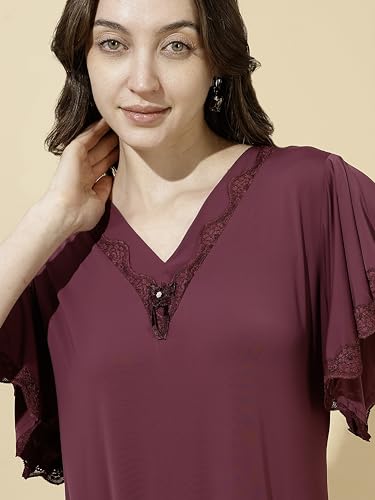 Image of 9shines Label Stylish Soft Modal Maxi Nighty | Honeymoon Nighty | Full Length Trendy Nightgown | V-Neck Lace | Premium Nightdress | Soft Long Nightdress | Maxi Gown Nightwear for Women (Malai Satin)