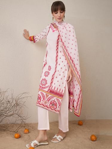 Image of INDO ERA Women's Pure Cotton Straight Ethnic Motifs Printed Inches Kurta With Pant with Dupatta Set (IESTR9762)