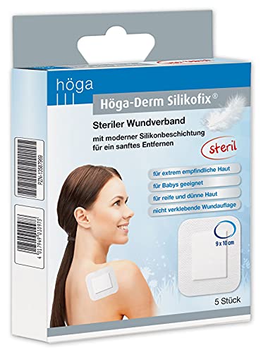 Höga Derm Silikofix 9 cm x 10 cm, steriler Wundverband (Pflaster) mit moderner Silikonbeschichtung für ein sanftes Entfernen, 5 Stück, Weiß
