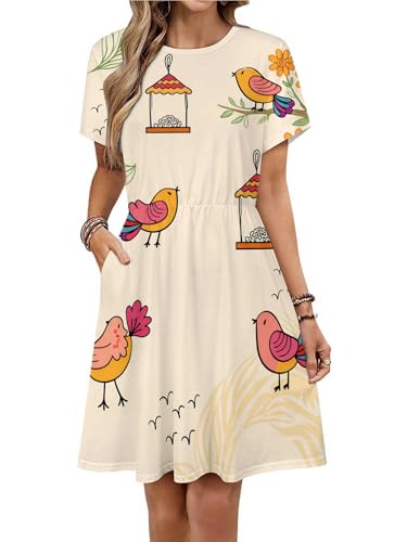 Birds and feeders in a Garden Scene Womens Casual Summer T Shirt Dress Loose Short Sleeve Tunic Dress with Pocket