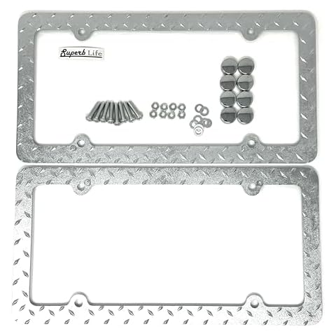 Universal Heavy Duty Metal Diamond Plate Plated License Plate Frame Cool Decorative Design License Plate Frame with Screws Caps, Set of 2 for Any Vehicle (Chrome) Cover