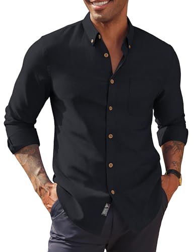 PJ PAUL JONES Oxford Shirts for Men Longsleeve with Pocket Cotton Shirts Button Down Black XXL
