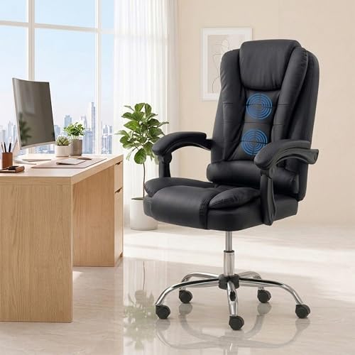 Image of NORMAN JR Italia Premium Leatherette Office Chair for Work | Boss Chair, Ergonomic Executive, Luxurious Cushioned Arms & Seat, 2 Point Back Massager, Heavy Duty Metal Base (Black)