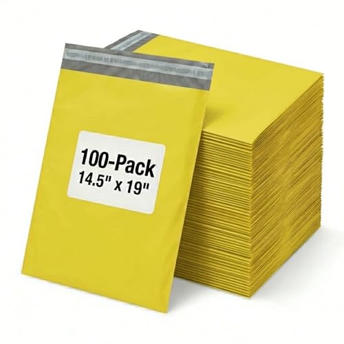 Image of BOX USA Shipping Bags 14 inch x 19 inch (100-Pack) Yellow - Large Heavy Duty Self-Adhesive Envelope Poly Mailers for Packing, Secure Shipping, & Small Business Mailing