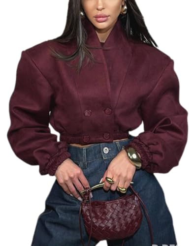 RISCUYY Crop Jackets for Women Button Waist Cinched Stand Collar Long Sleeve Retro Elegant Cropped Bomber Jackets for Women