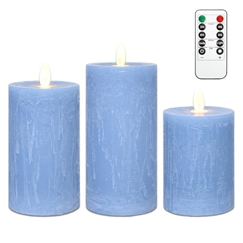 Image of Rustic Blue Flameless Candles with Remote Control & Timer Real Wax Ocean Pillar LED Candles Rough Texture Design Battery Candles for Home Party Nautical Wedding Christmas Valentine's Day Decor