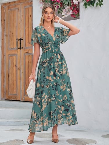 Image of Simplee Women's Boho Floral Maxi Dress Flowy Casual V Neck Short Sleeve Wedding Guest Holiday Beach Long Dress