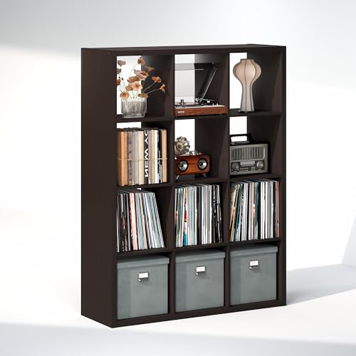 Image of Furinno Cubicle Record Player Stand, 12-Cube Record Storage, Dark Oak | Vinyl Storage, 1.2 inchInch Extra Thick, Open Back Media Shelf for CD DVD Bluray Game Disc, for Living Room, Home Office