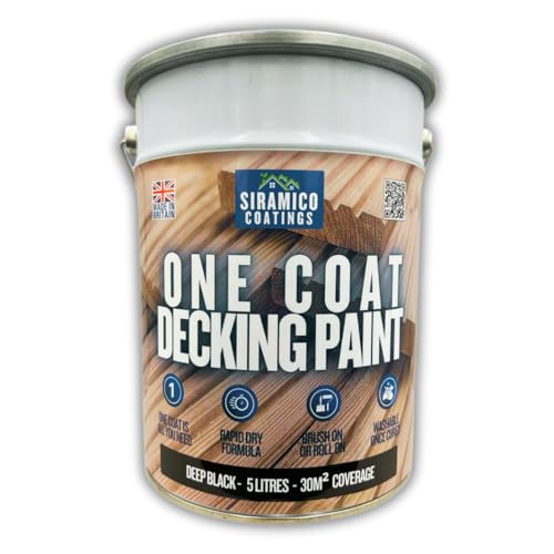 SIRAMICO COATINGS One Coat Anti-Slip Decking Paint | 5 litres | 7 Luxury Colours I Mould & UV Resistant Formula | White - Grey - Sage Green - Black - Brick Red (Black)