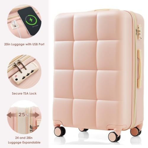 Luggage Set 4-piece, ABS Hard Shell Suitcase, 20-inch, with USB Port, Expandable ABS Durable Suitcase, with Travel Bag, Cup Holder, Side Hook, with Universal Wheels, Pink2