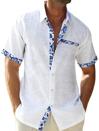 QIVICIMA Men's Hawaiian Shirt Linen Short Sleeve White Pink Sky Blue Button Down Shirt Casual Print Shirts