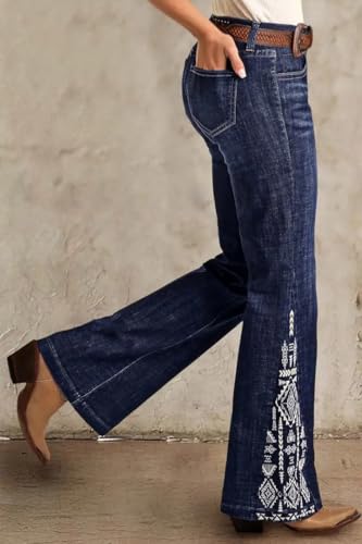 Women's Side Insert Embroidered Slim Fit Stretch Flare Jeans Mid Rise Denim Trousers(Belt Not Included)4