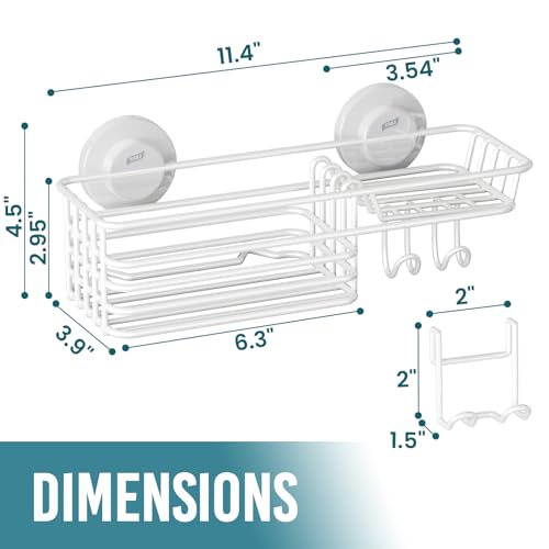 Image of TAILI Shower Caddy Suction Cup with Hooks, No Drill Shower Shelf, White | Heavy Duty Shower Organizer, Metal Storage Basket, Shampoo Holder, Soap Holder