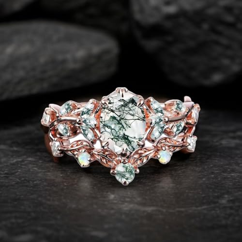 Natural Moss Agate Engagement Ring Set for Women 925 Sterling Silver 10K 14K 18K Rose Gold 2 Carat Moss Agate Wedding Ring Set Inspired Leaf Bridal Ring Set for Women2