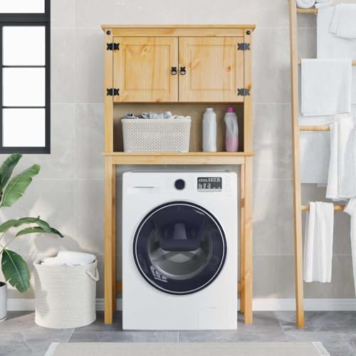 LoogCape Mueble para lavadora Corona de madera maciza de pino con acabado en cera de miel, 85 x 29 x 165 cm, 2 puertas, 1 estante, asas de metal, mueble de baño con espacio de almacenamiento para