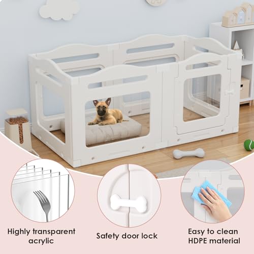 Clevich Welpenauslauf aus Acryl 60 cm hoch, 5 PCS +1 Laufstall Hund mit Tür, gitterloser Welpenlaufstall, Hundelaufstall für Wohnung faltbar, Saugnapf, Indoor-Hundezwinger für Welpen, Weiß