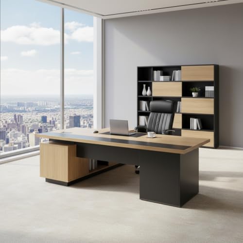 Image of Lakdi The Furniture Office Desk for Director Table Made in Particle Board with Drwaers and CPU Space, Modern Executive Desk, Openable Shutter Gold Brown Color - (LDL-462 6 fit)