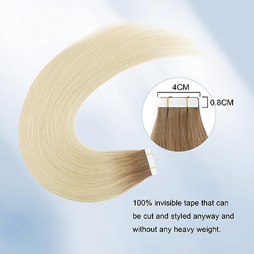 Image of Sixstarhair Invisible Tape In Hair Extensions Real Human Hair Rooted Blonde with Medium Brown Fading to Platinum Blonde Remy Hair Extensions for Women 20 Pieces 50g [Color #R6-60 20 inch]