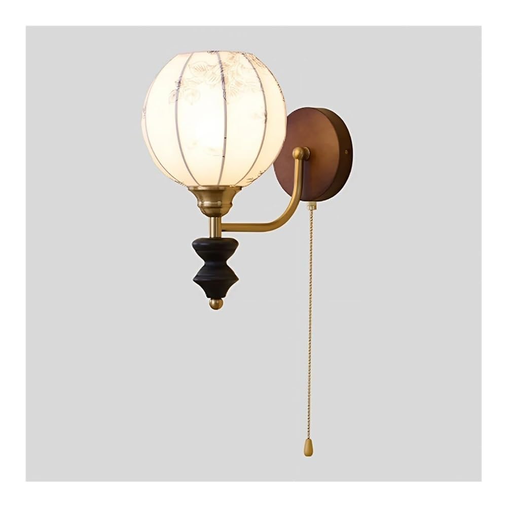 FEITENGDA Farmhouse Fabric Shade Wall Sconce Vintage Solid Wood Wall Lamp with Pull Chain Switch Base Brass Wall Mounted Fixture for Bedroom Living Room E26/E27 Socket