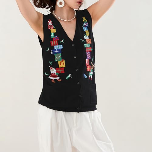 Kmbangi Women Christmas Button Sweater Vest Embroidery Sleeveless Cardigan | Santa Print, Knit V Neck Top, Xmas Clothes, Ugly Christmas Sweaters, Gingerbread Man, Holiday Cardigans, Waistcoat, Knitwear 3 Kmbangi Women Christmas Button Sweater Vest Embroidery Sleeveless Cardigan | Santa Print, Knit V Neck Top, Xmas Clothes, Ugly Christmas Sweaters, Gingerbread Man, Holiday Cardigans, Waistcoat, Knitwear - Image 4