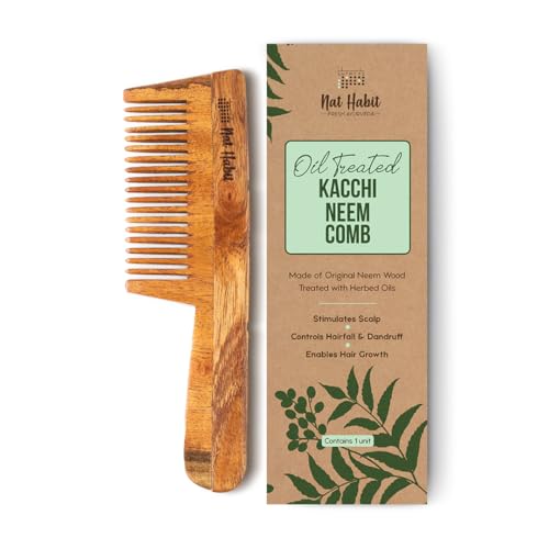Nat Habit Kacchi Neem Wooden Comb, Soaked In 13 Herbs Neem & Sesame Oil For Multi-Actions - Detangling, Frizz Control & Shine, Suited for All Hair Types (Fine Tooth)