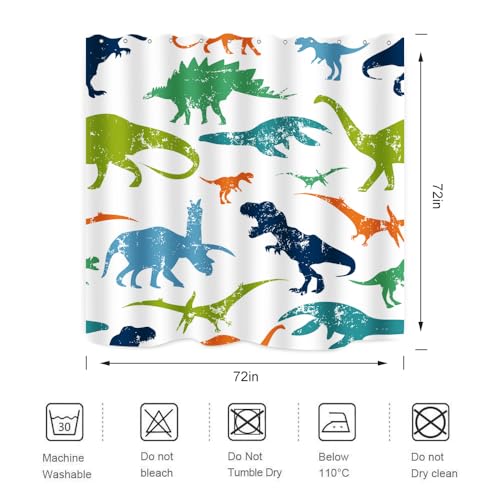 Image of Dinosaur Shower Curtain Colorful Kid Cartoon Jurassic Children Dino Elasmosaurs Themed Bath Curtain Waterproof Fabric Bathroom Decor 72x72 Inch Plastic Hooks 12 PCS