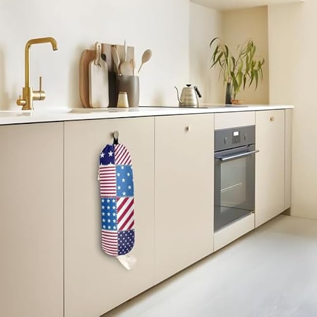 YETTASBIN American Flag Check Plastic Bag Holder, Reusable Grocery Bag Holder Versatile Wall Mount Storage Bag Dispenser with Drawstring for Home Kitchen Decor 1 Pack