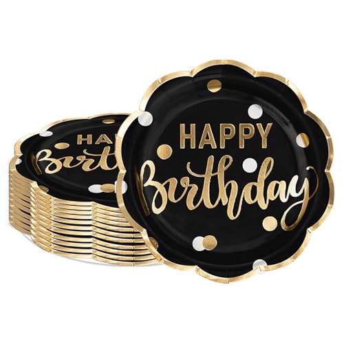 LeZakaa 25Pcs Birthday Paper Plates - Happy Birthday Lettering in Gold Black Gold Foil Design Disposable Party Plates Decorative Tableware Supplies Table Decor - 7 Inch