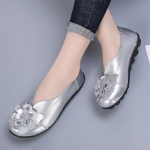 Image of Women's Leather Slip On Loafers,Vintage Handmade Cute Bow Flower Comfy Non-Slip Softsole Walking Casual Dress Pumps