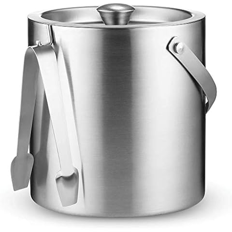 FineDine Double-Wall Stainless Steel Insulated Ice Bucket With Lid & Ice Tong [3 Liter] Included Strainer Keeps Ice Cold & Dry, Carry leather Handle, Home Bar, Chilling Beer, Champagne, Wine Bottle Cover