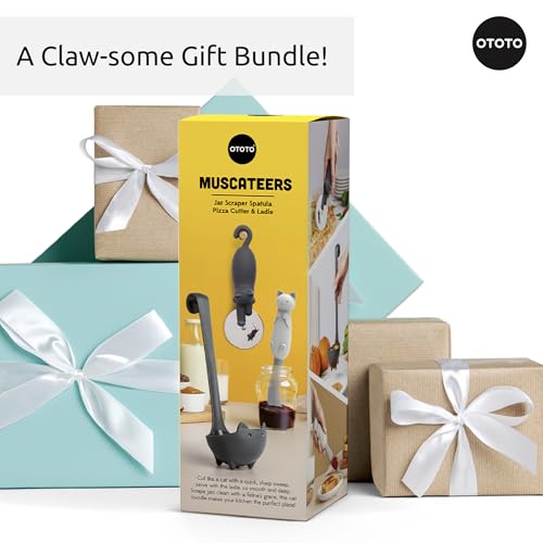 OTOTO Muscateers Bundle of Mary Cat, Katie, Kitty - Jar Scraper Spatula, Soup Ladle, Pizza Cutter - Cute Kitchen Accessories, Spooky Gothic Cat Gifts for Women, Kitchen Gifts, Halloween Gifts