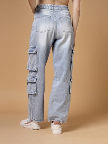 Image of Cargo Blue Jeans for Woman | Straight Cargo Pants with Multiple Pockets | High Rise Denim Jeans for Women
