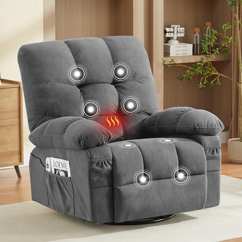 MAHOMICO Oversized Swivel Rocker Recliner Chair with Vibration Massage and Heat for Living Room with Rocking Function and Side Pocket, USB Charge Port,Nursery