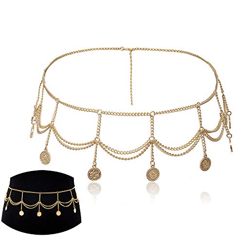 Jurxy Cadena de Cintura de aleación de múltiples Capas Cadena de Cuerpo para Mujer Cinturón Cinturón Moneda Colgante Cadena Vientre Arnés de Cuerpo Ajustable para Vestidos de Jeans - Oro 0457 Cover