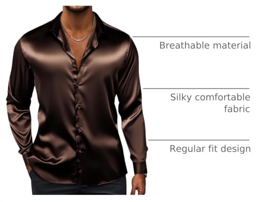 Image of Hi-Tie Men's Silk Satin Dress Shirts Long Sleeve Shiny Casual Button Up Shirts Luxury Party Disco Prom Wedding Shirt